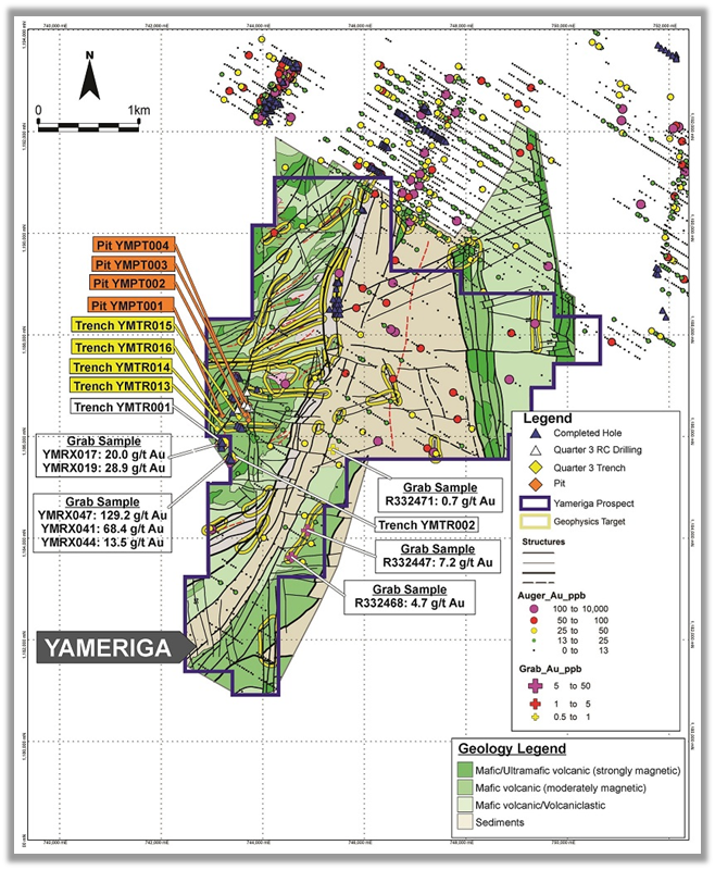 Figure 7: Yameriga Prospect with Drillholes, Trenches and Previous Grab Sample Locations.