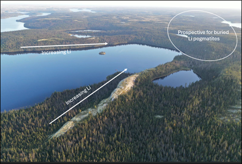 Aerial view of the two pegmatite trends on Lac Belanger with increasing lithium towards the south and southwest.