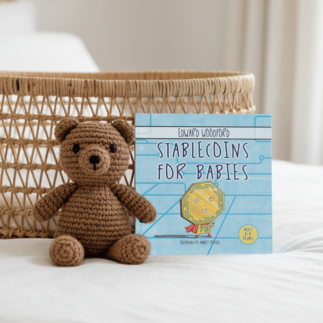 Illustrated book cover of "Stablecoins for Babies," a children's guide to understanding stablecoins, digital payments, and beginner financial literacy