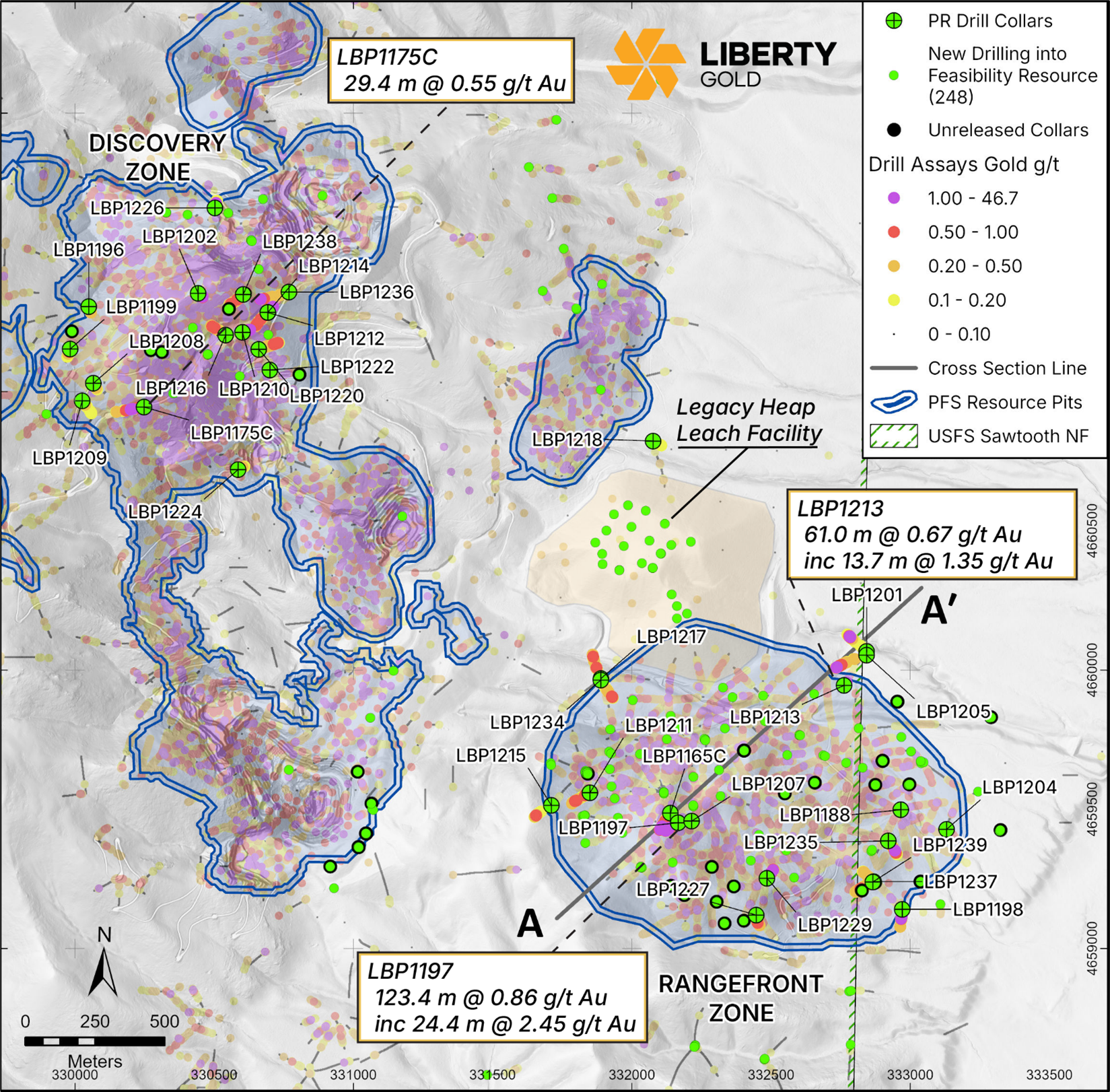 Map of drill hole locations and highlights at Black Pine 