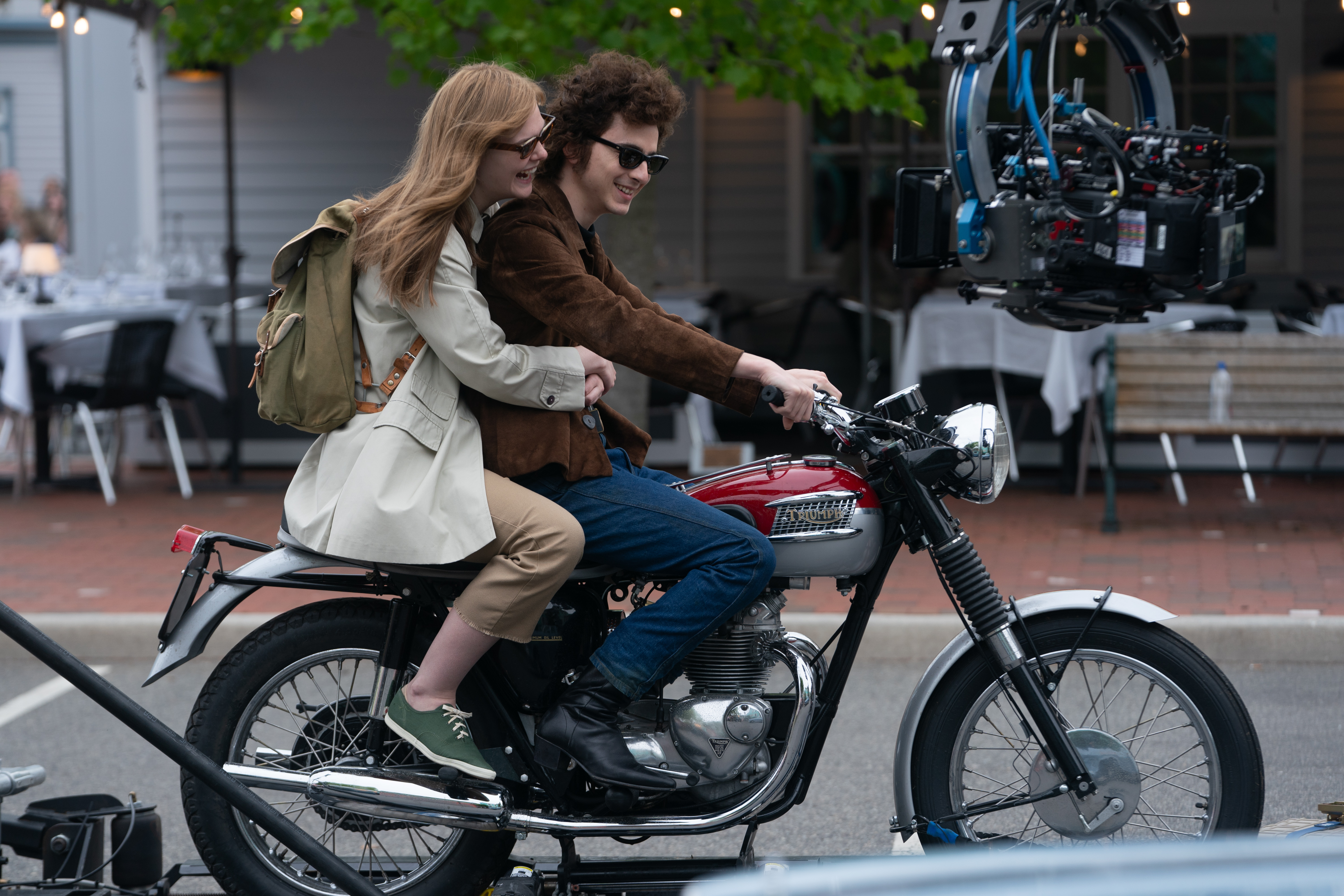 Timothée Chalamet riding  vintage Triumph 1964 Bonneville T100