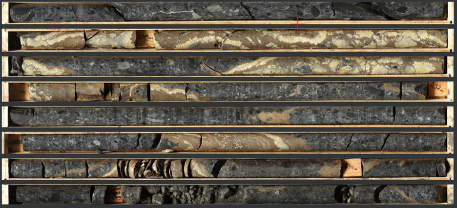 Photo 2: High resolution core scanning image of sphalerite-pyrite-siderite vein mineralization in NB23-027 (227.5 m to 235.9 m).