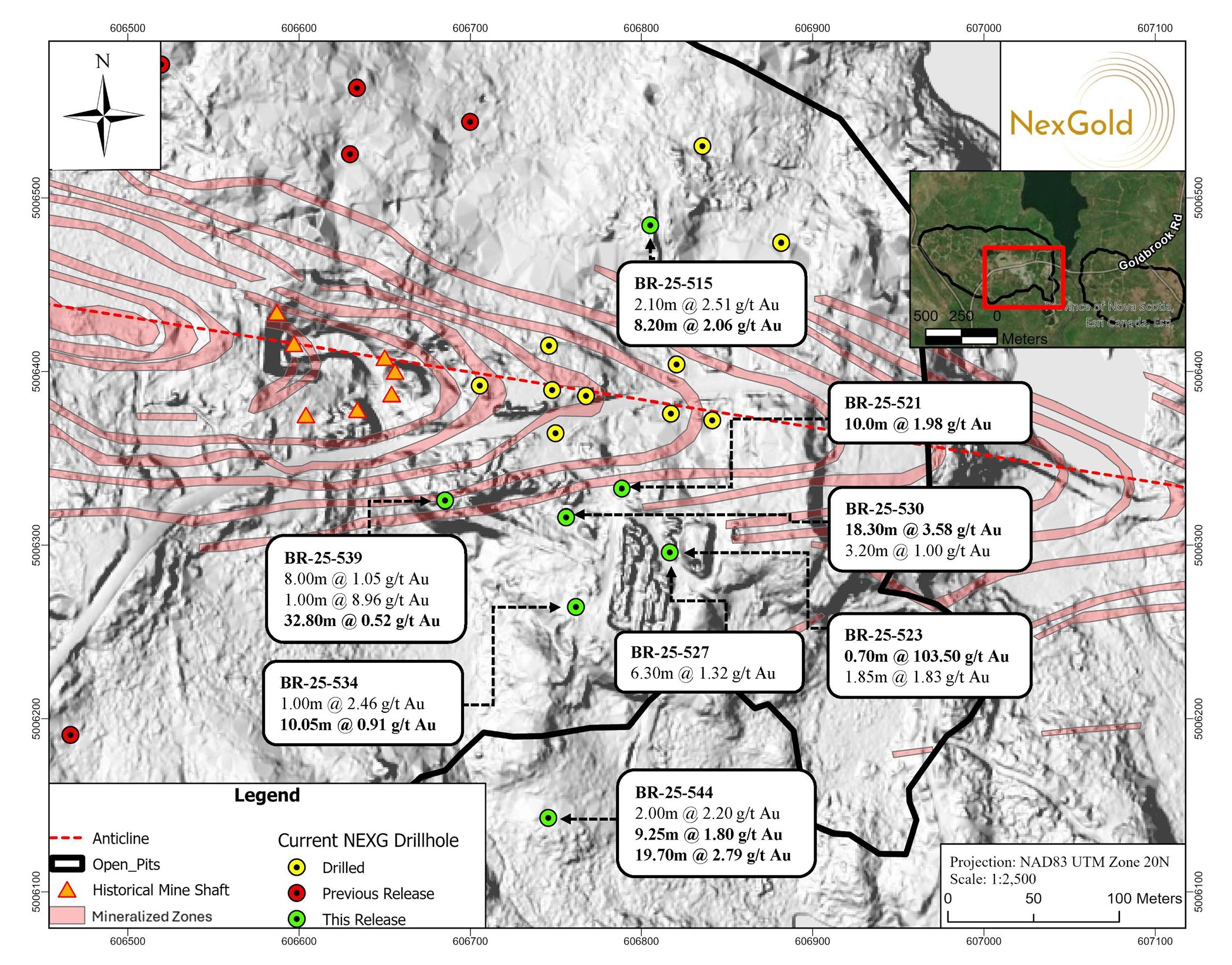 Plan map showing the location of the 8 diamond drill holes in this release 
