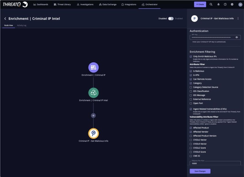 Criminal IP enrichment integrated within the ThreatQ Orchestrator, enabling automated ingestion and filtering of exposure-based IP intelligence direct