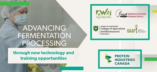 A graphic containing logos, a photo of a woman working in a lab, and text about advancing fermentation processing.