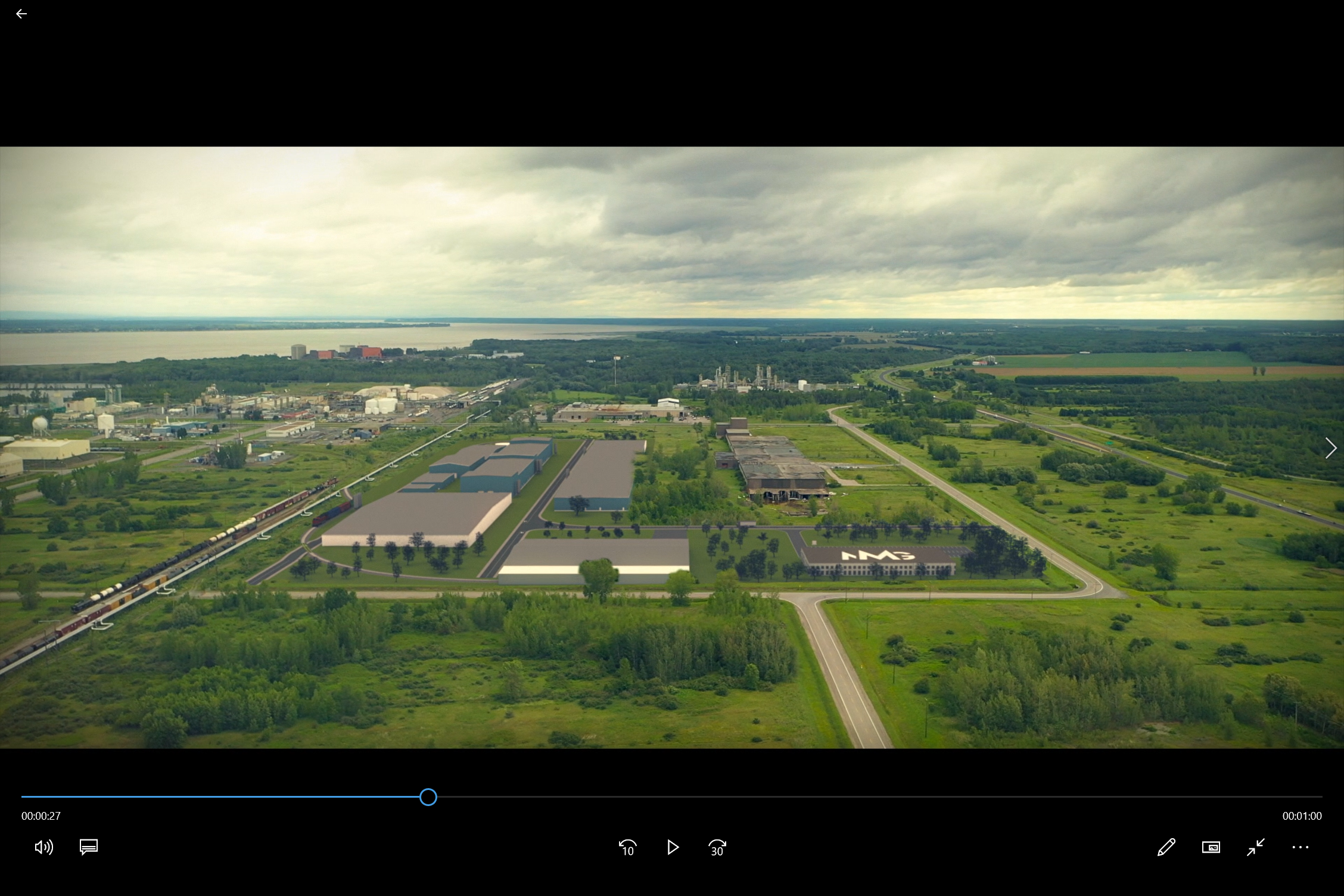 Vue aérienne des futures opérations commerciales prévues par Nouveau Monde à Bécancour. Pour en savoir plus sur l'emplacement stratégique de la Société, cliquez ici : https://youtu.be/izP8TlEVQm0. 