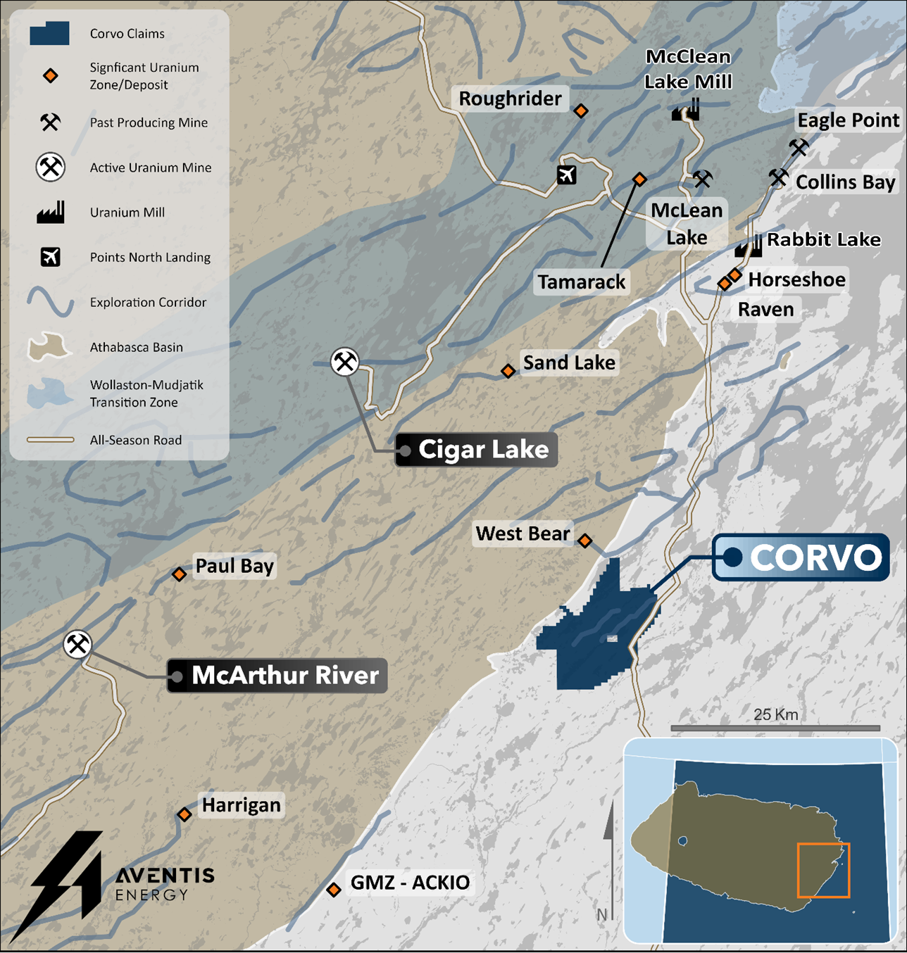 Regional map of the Corvo Project. The Project is located 45 km northeast of Atha Energy’s Gemini Mineralized Zone (“GMZ”) and 60 km due east of Cameco’s McArthur River mine.