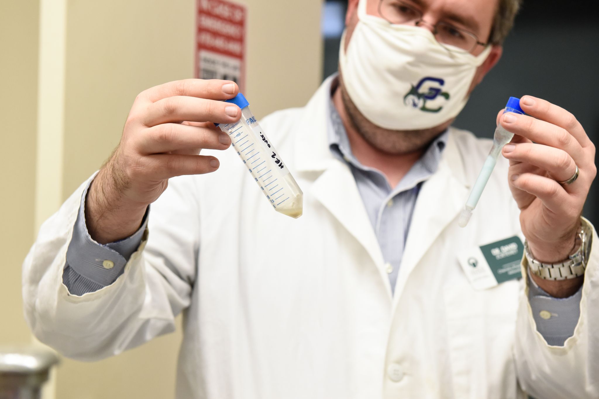 Dr. David Zoetewey, assistant professor of chemistry at Georgia College, works with small fragments of the coronavirus spike protein.