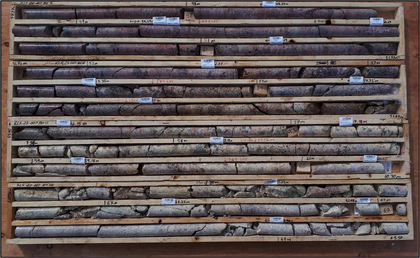 A photo of DDH KLS23-007, Core from Anomalous Zone