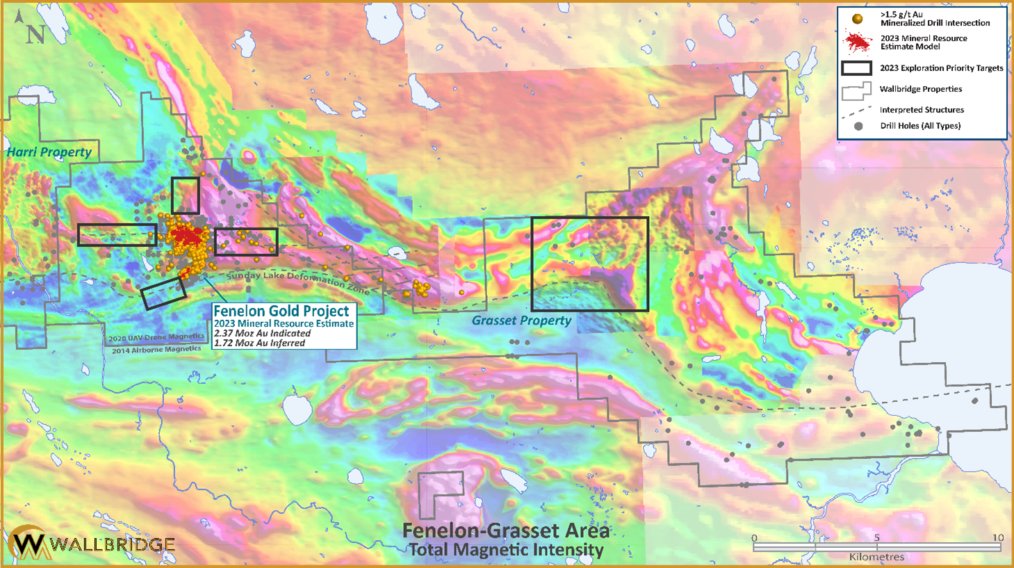 Map of the eastern part of the land package (Fenelon, Harri, Grasset) with 2023 target areas