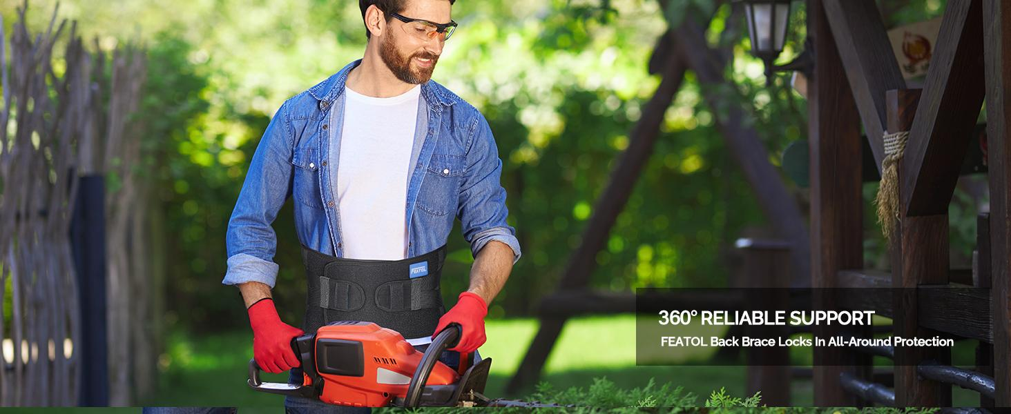 Adult wearing a FEATOL lower back brace during yard work for all-day lumbar support.