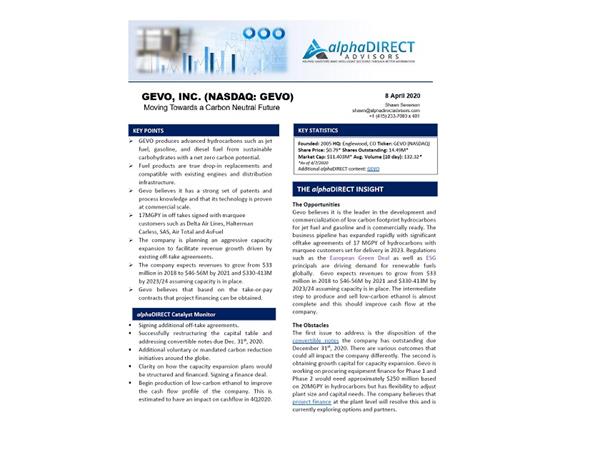 alphaDIRECT Advisors Reviews Gevo’s Advanced Production of Low Carbon Footprint Hydrocarbons for Jet Fuel and Gasoline in Overview Report