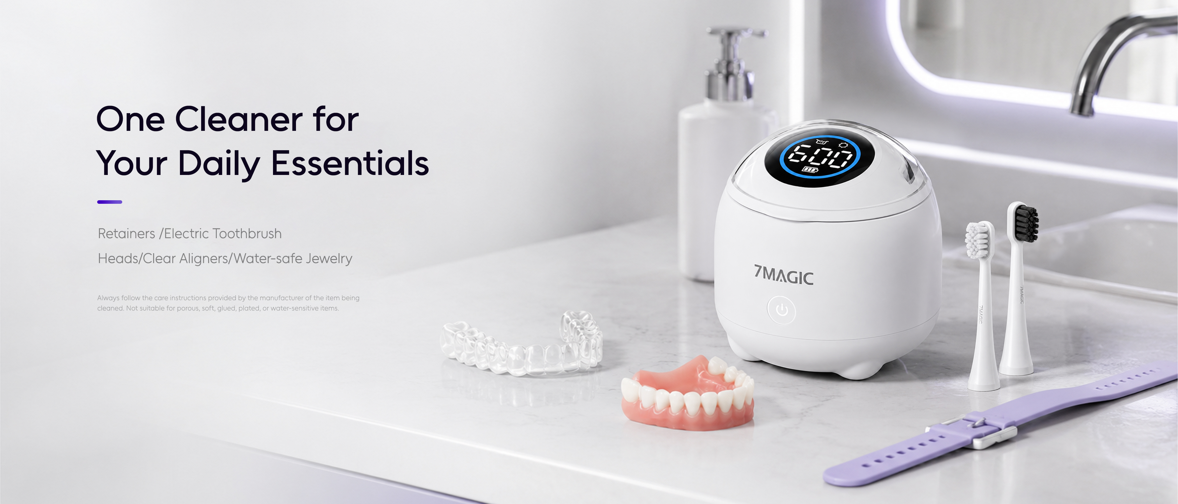 7MAGIC SonicPod Go low-noise ultrasonic cleaner operating below 42dB under loaded conditions with the lid closed for quiet routines.