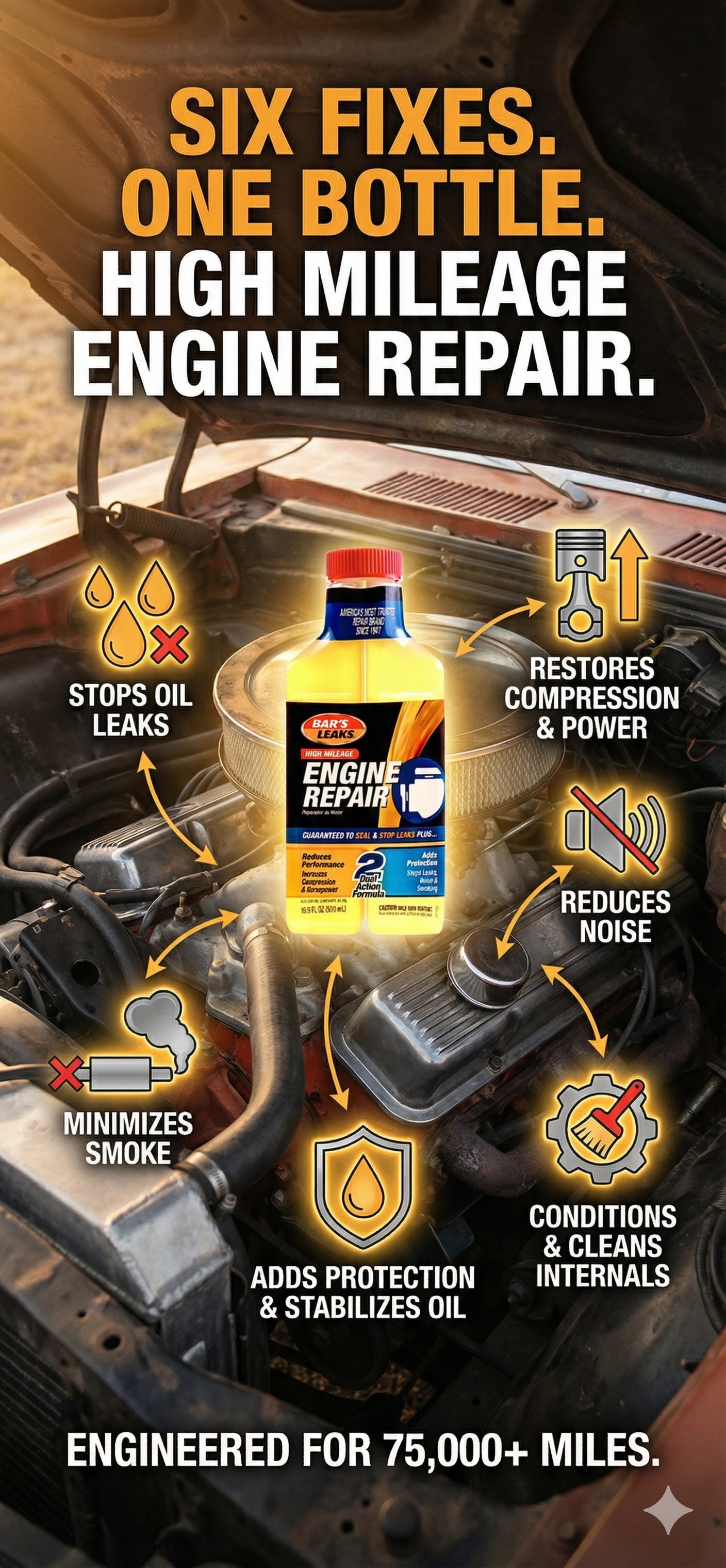 Bottle of Bar’s Leaks Engine Treatment over a car engine compartment with callouts to the six fixes it offers