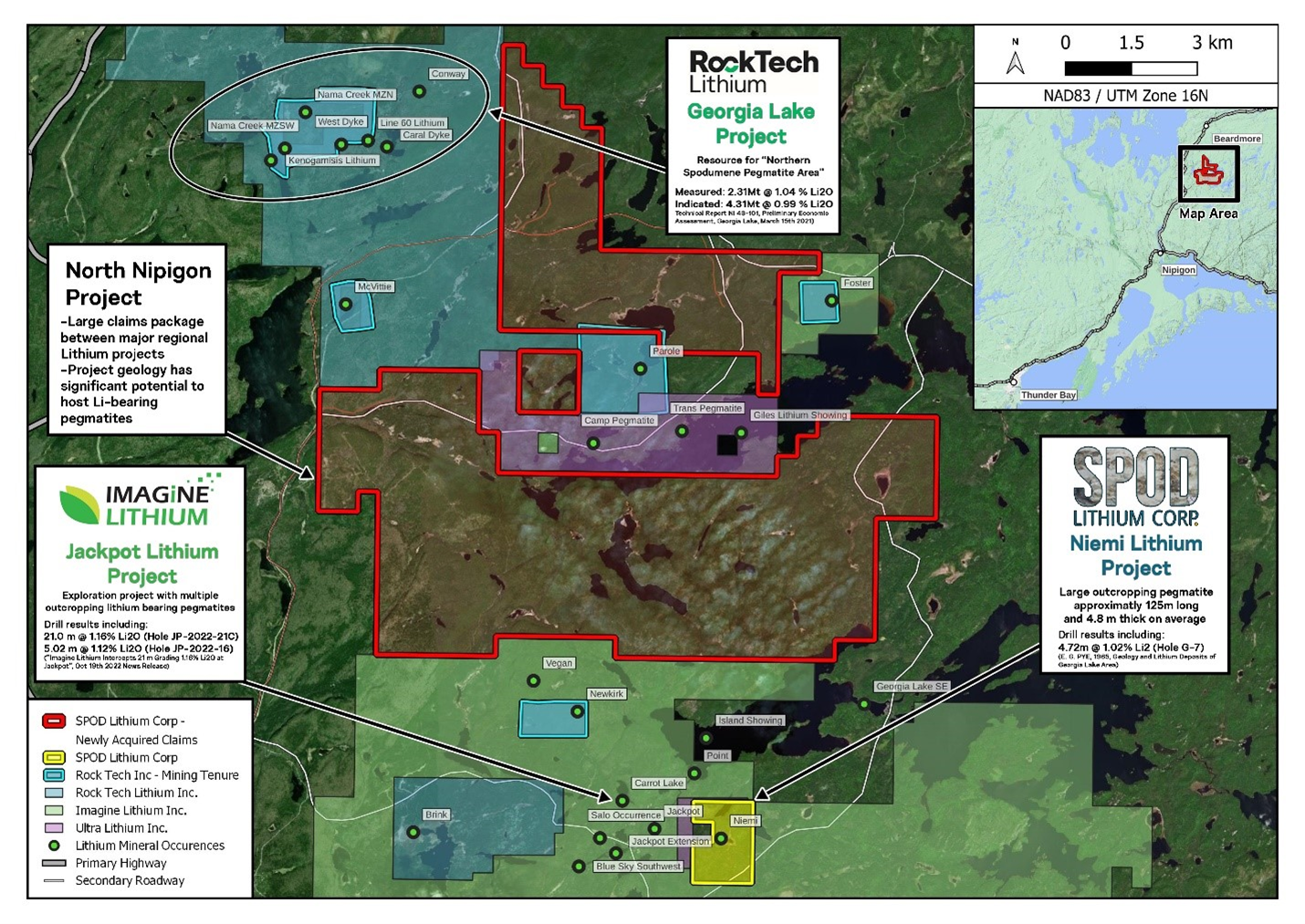 shows the North Nipigon – Niemi Project with Rock Tech and Imagine Lithium’s developing deposits.