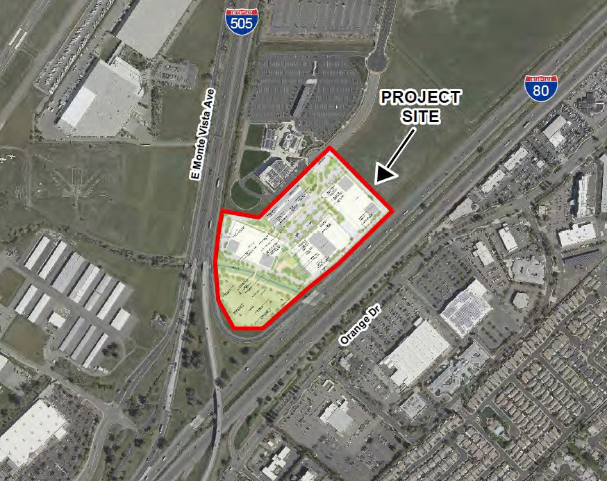 Map of Vacaville identified the project location for Axiom Point, a 22 acre vacant parcel located at the southeast end of Horse Creek Drive and west of Interstate 80.
