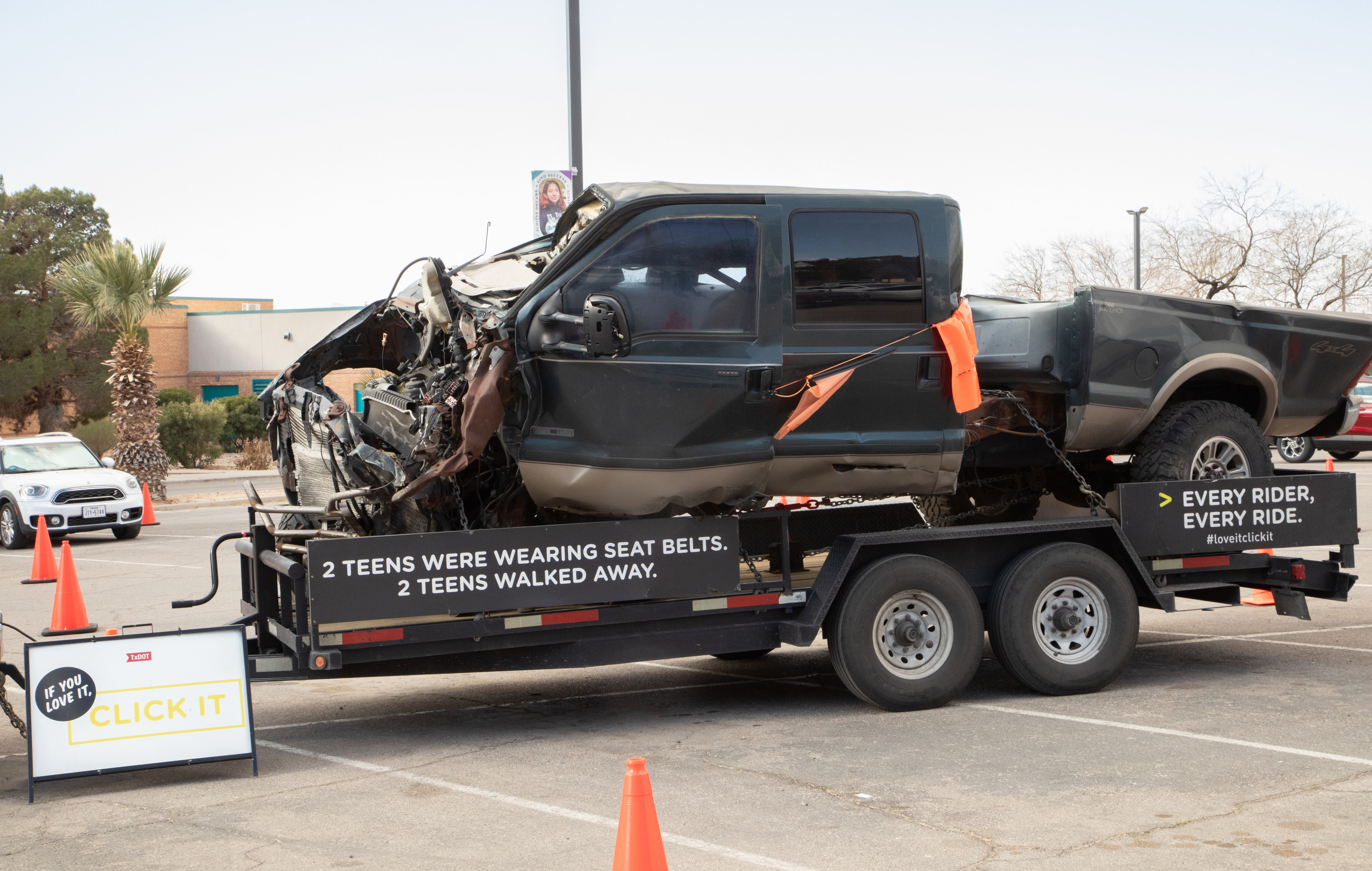 The Teen Click It Or Ticket Tour features a trailer with the wreckage from a truck crash involving two teenagers who walked away with minor injuries because they were wearing seat belts.