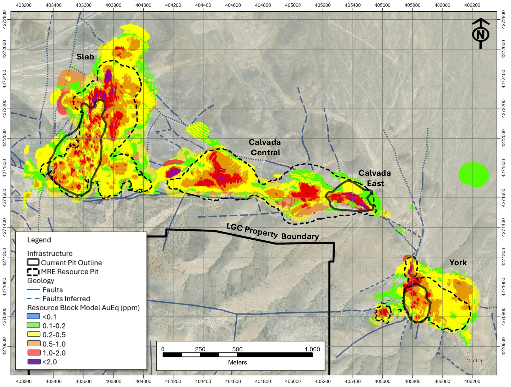 Plan map of the Slab, Calvada, and York deposits with Mineral Resources projected to the surface.