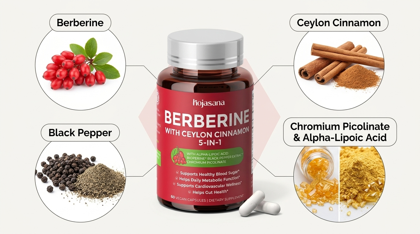 HojaSana 5-in-1 formula with Berberine, Ceylon cinnamon, chromium, alpha-lipoic acid, and BioPerine for metabolic and gut health.