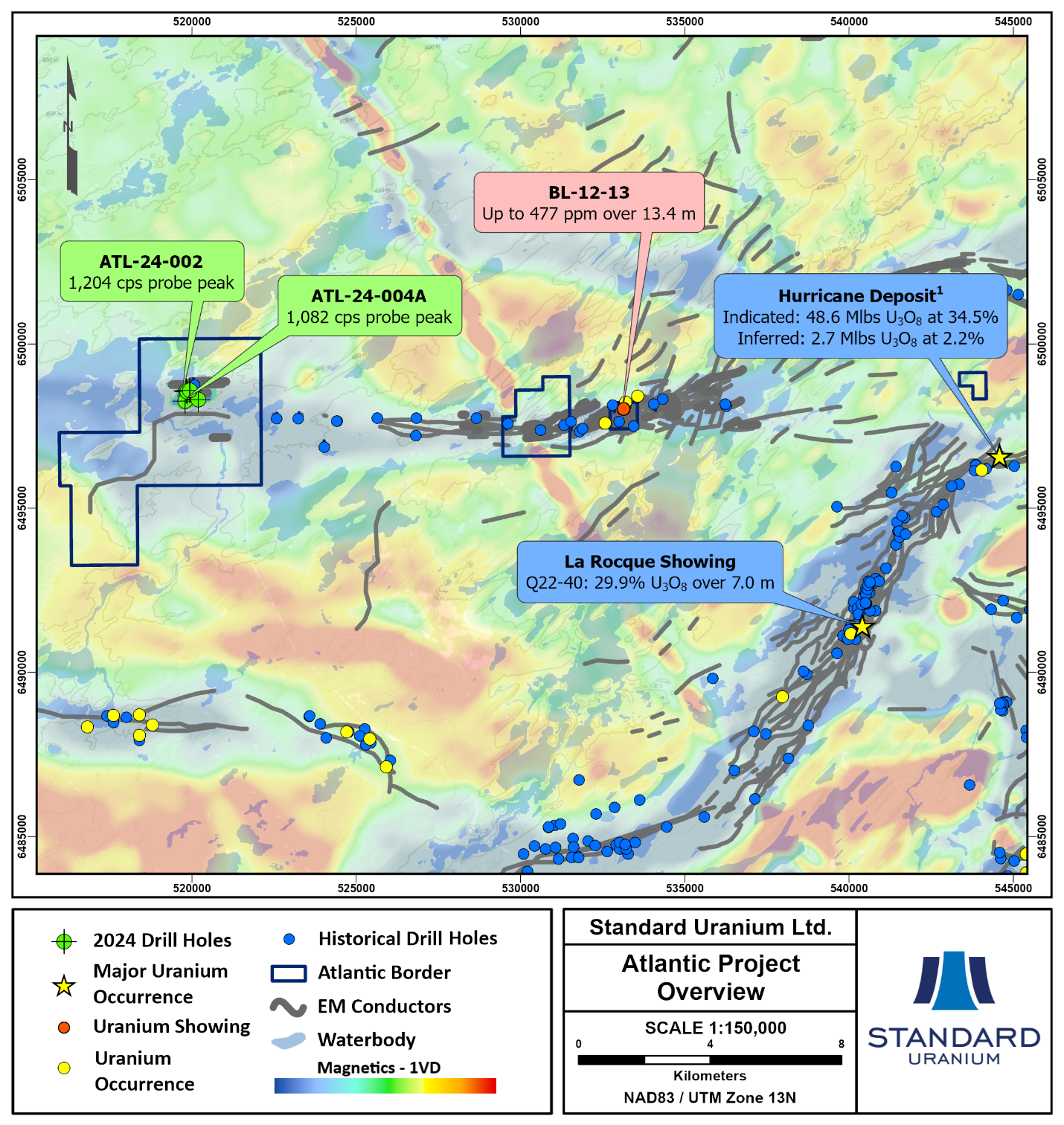Regional summary map of the Atlantic Project highlighting uranium occurrences, historical and 2024 drill holes, geophysical anomalies, and EM conductors.