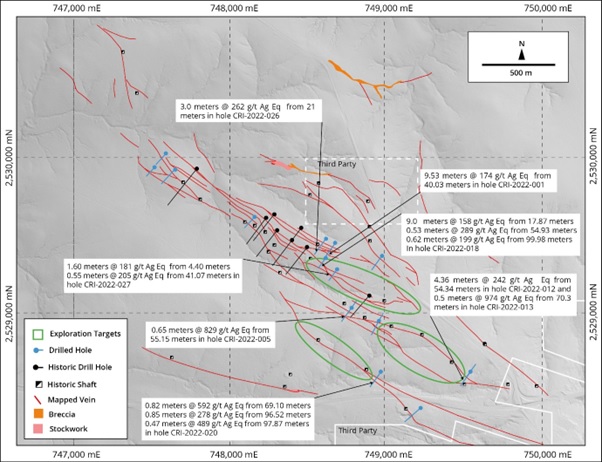 Map of El Cristo showing Zacatecas’ drill hole traces in blue. Historical drill hole traces are also shown (black). The base of the map is a grey scale digital elevation model. For a full summary of drilling results see news release dated August 30, 2022.