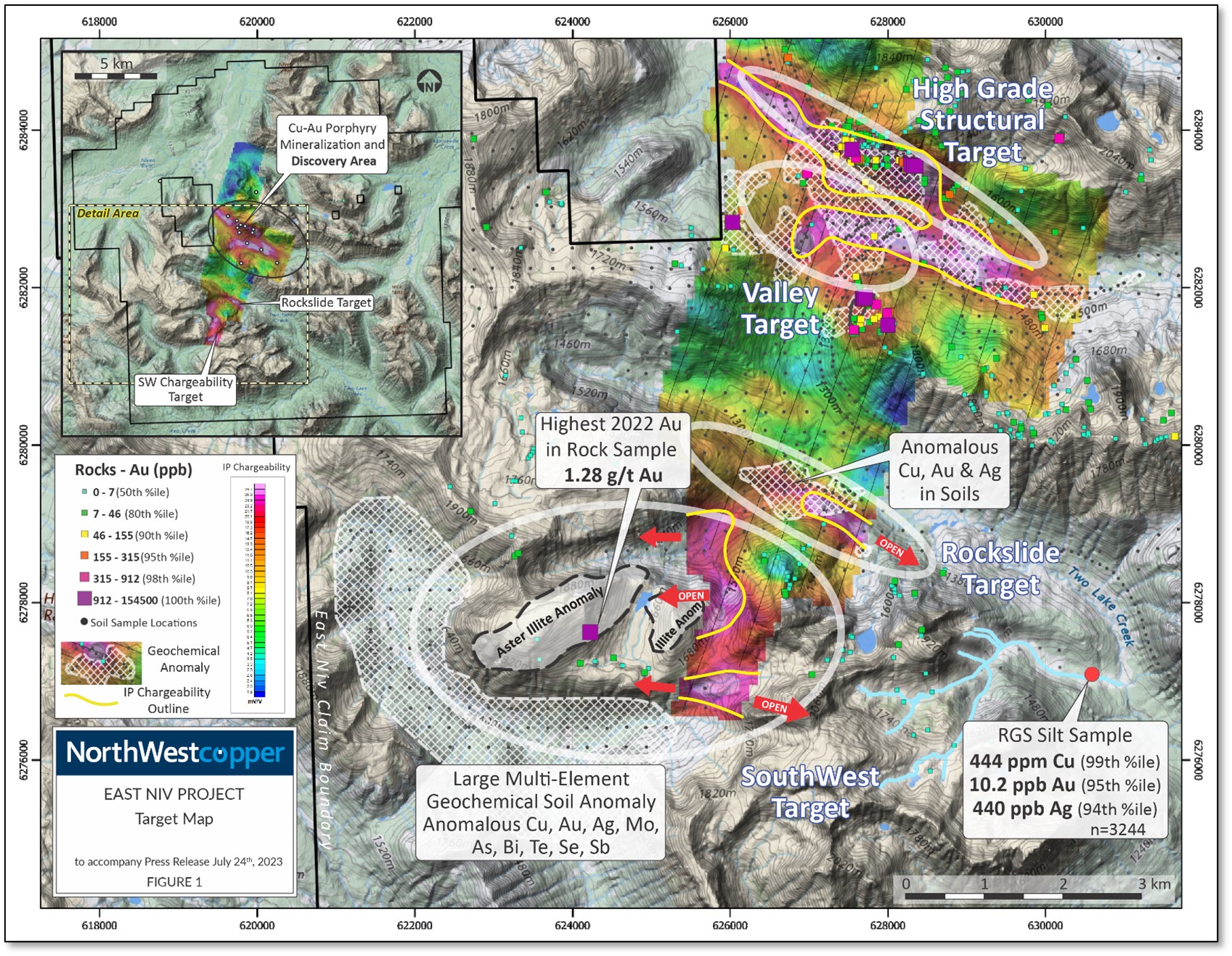 Plan View of the East Niv Target Areas.  Contoured colours are IP chargeability -150m level plan draped on topography with soil sample locations (black dots), rock sample locations and assay values (coloured squares).