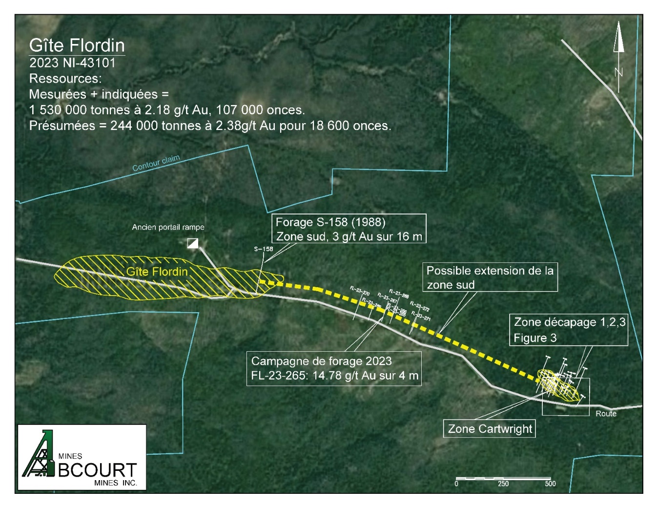 Vue d’ensemble de la propriété avec le gîte Flordin, les forages effectués en 2023 et le secteur du décapage, dans les environs du gîte Cartwrigth.