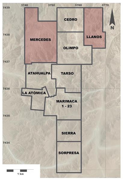 Figure 2: Marimaca Project and Most Llanos and Mercedes Claims Considered Most Prospective*