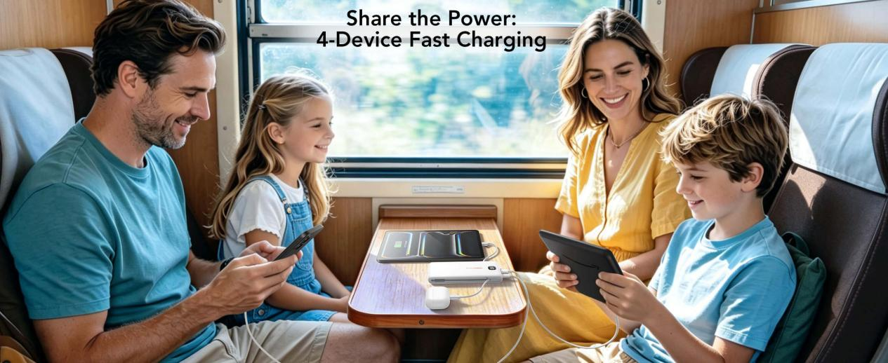Power bank featuring 4-device fast charging. Share power simultaneously with built-in cables and AC plug for convenience.