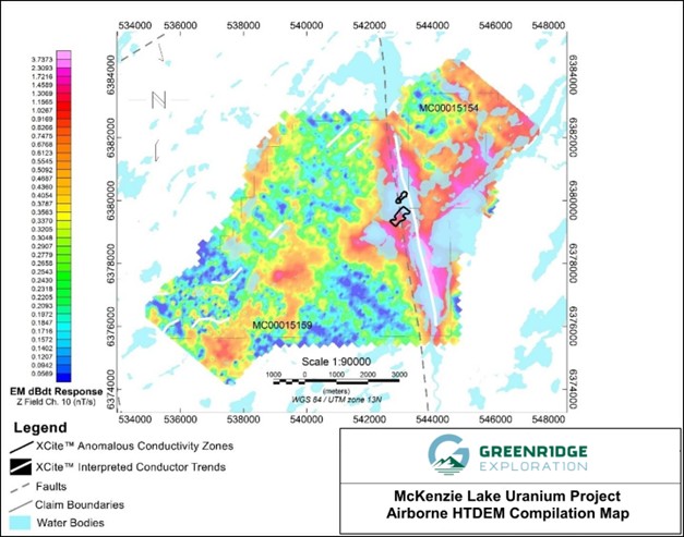 Figure 2 - Xcite EM response (Ch.10 data), with Interpreted Conductor Trends and Anomalous Conductivity Zones