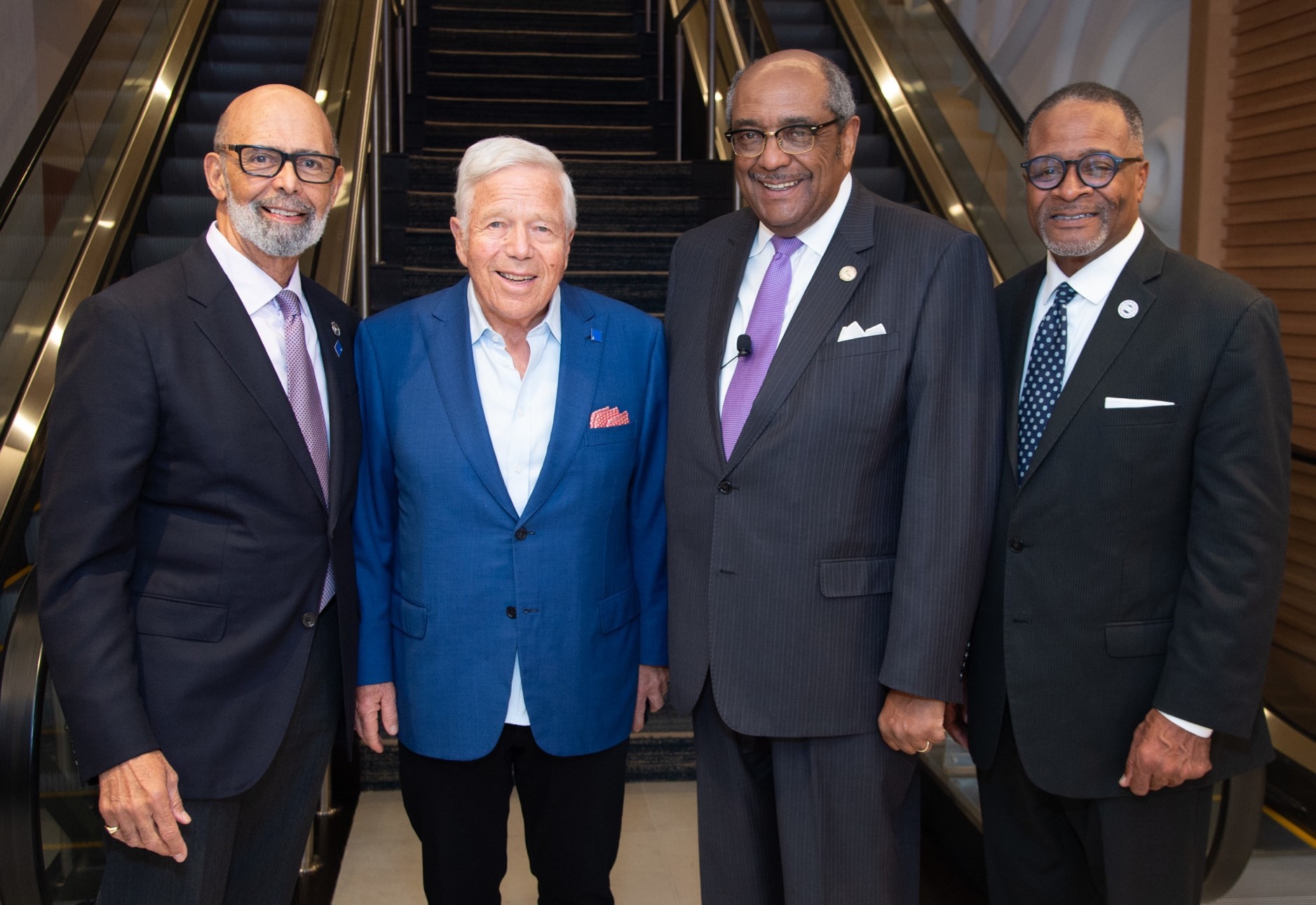 Robert Kraft (second from left) is joined by Dr. Michael L. Lomax, UNCF Board Chair Milton H. Jones, Jr., and Clark Atlanta University President and Chair of UNCF’s Board of Institutional Directors Dr. George T. French, Jr.