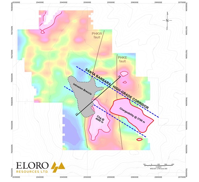 Plan Map showing Major NW-SE Trending Mineralized Corridor, Distribution of Intrusion Breccia and Major Chargeability Anomalies, Iska Iska