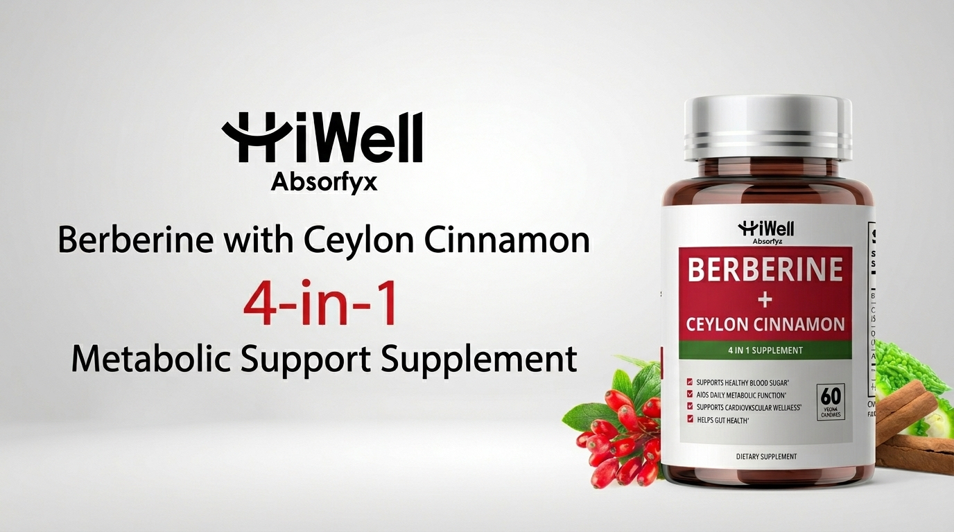 HiWell Absorfyx Berberine with Ceylon Cinnamon supplement. 4-in-1 metabolic support for blood sugar, gut health, and wellness.
