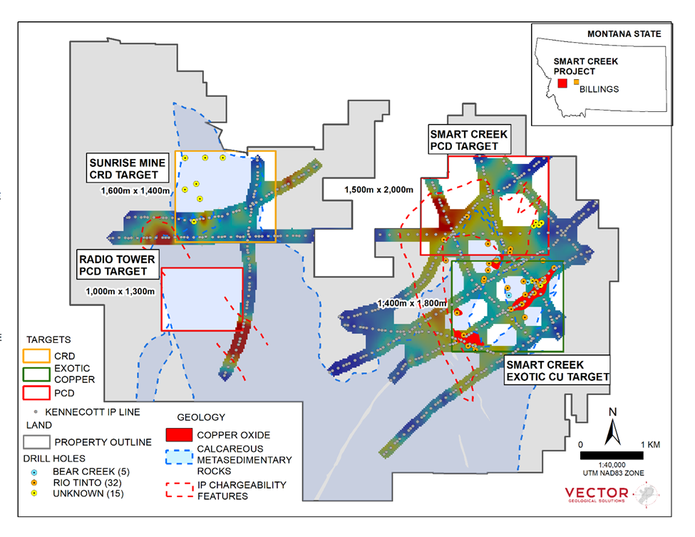 Smart Creek and Sunrise project showing targets, favorable host rocks and molybdenum soil anomalies.