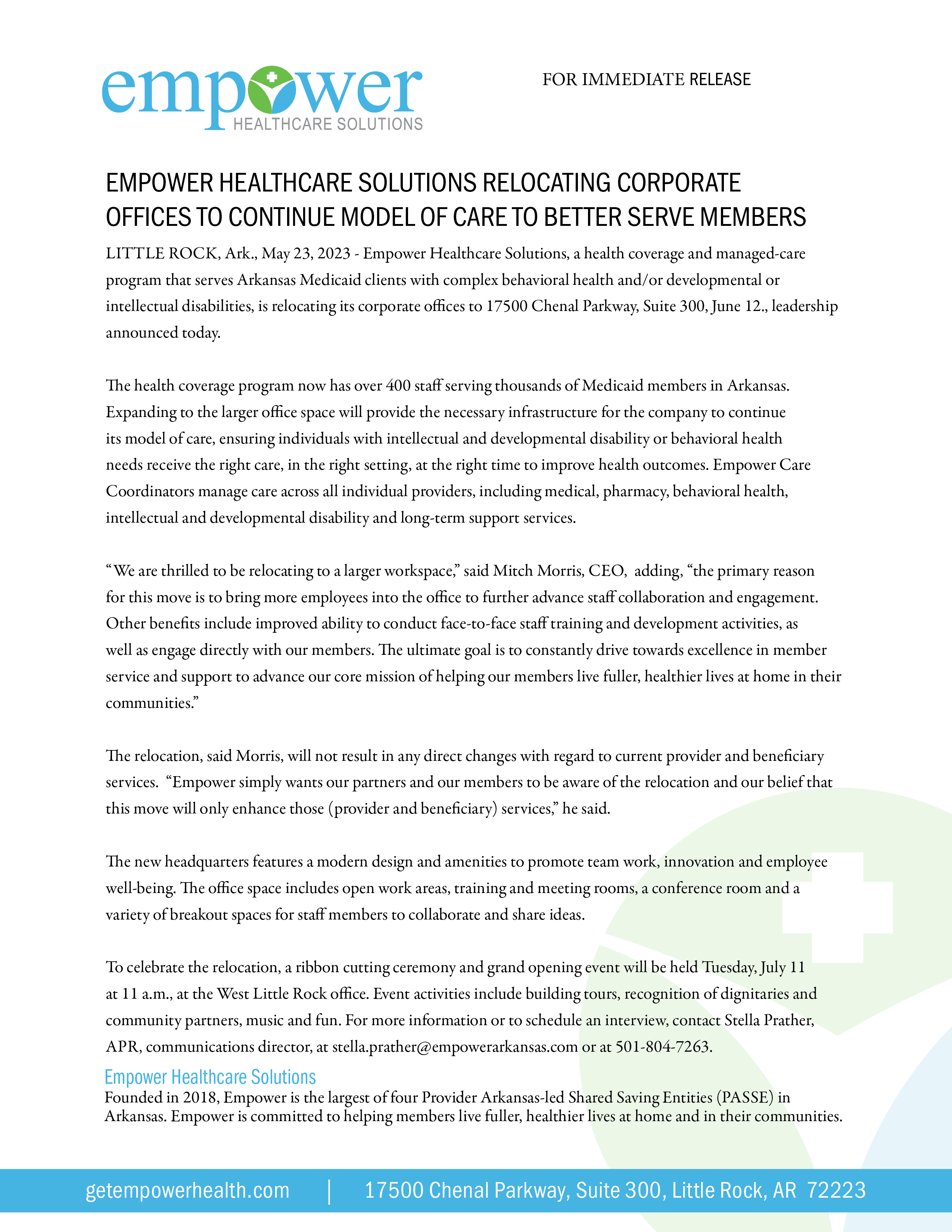 EMPOWER HEALTHCARE SOLUTIONS RELOCATING CORPORATE OFFICES