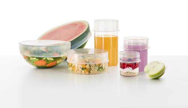 Reusable stretch top lids aid in reducing plastic use. 