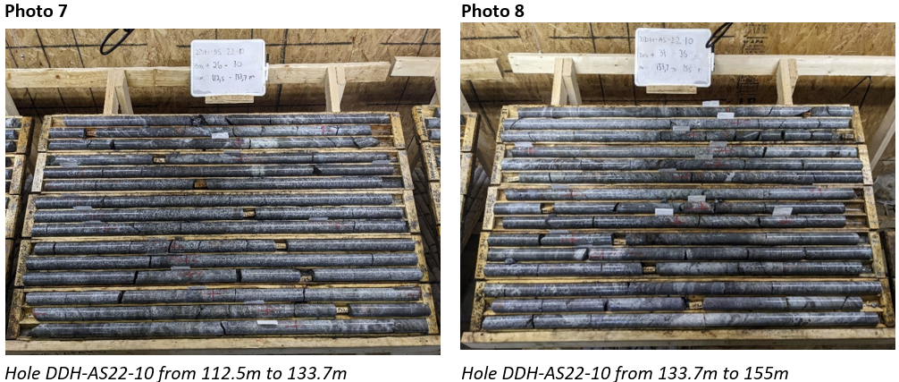 Photo 7: Hole DDH-AS22-10 from 112.5m to 133.7m; Photo 8: Hole DDH-AS22-10 from 133.7m to 155m