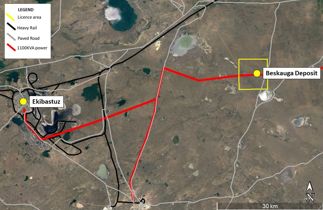 Map showing the location of infrastructure near the Beskauga deposit. The project is based out of the nearby mining town of Ekibastuz.