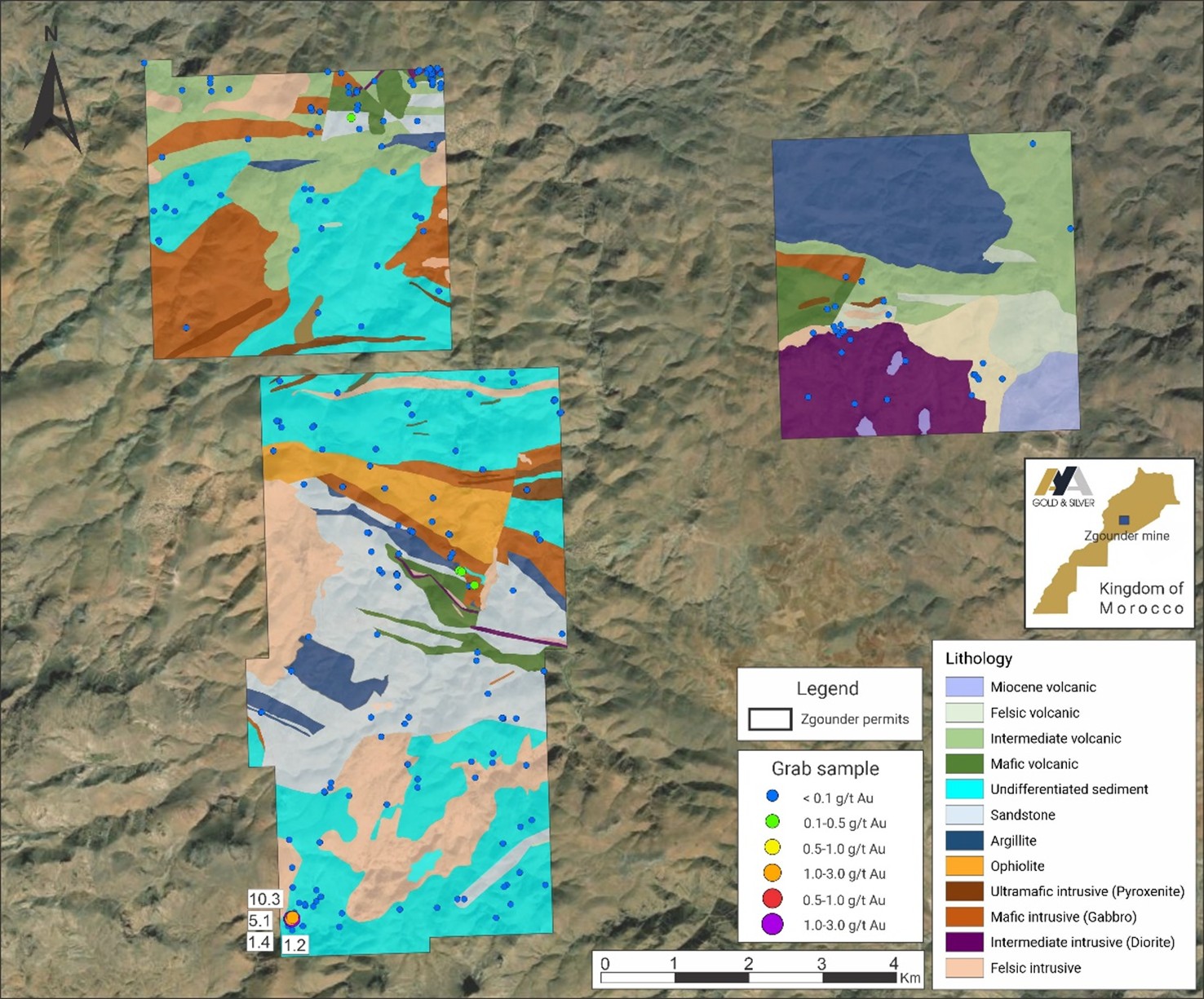 Surface Map of Zgounder Far East with Simplified Geology and Au Grab Samples