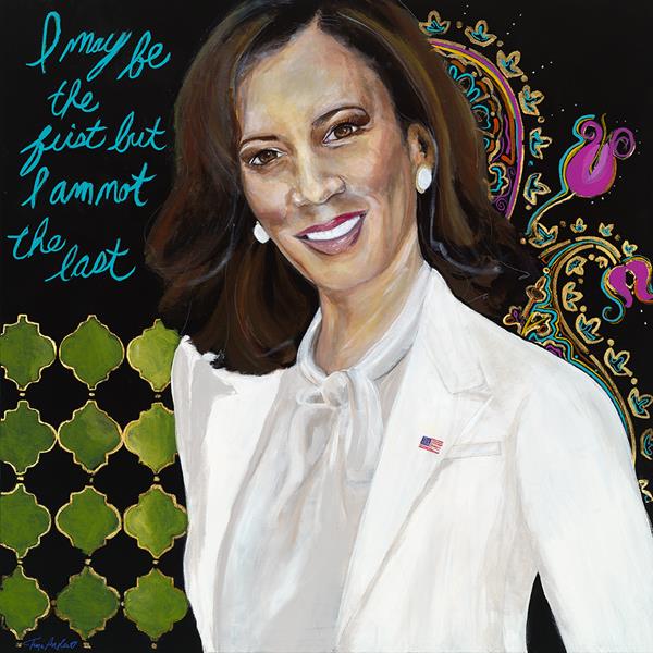 Portrait by Tronja Anglero, commissioned by Vital Voices Global Partnership celebrating Vice President Kamala Harris breaking barriers as the first, but not the last, woman to be Vice President.