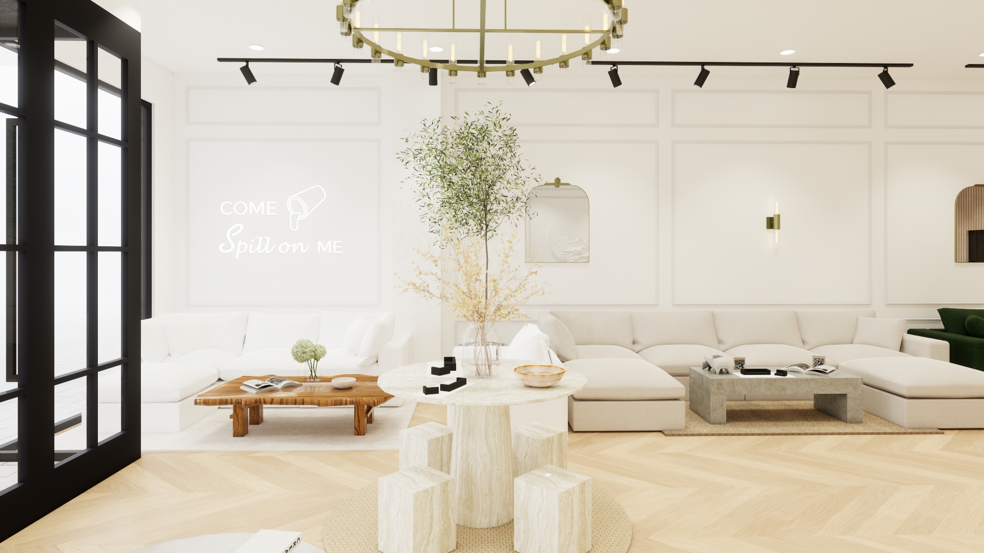 Interior rendering of the 7th Avenue Tysons showroom featuring white modular sofas, a round stone table, wood flooring and brass lighting.