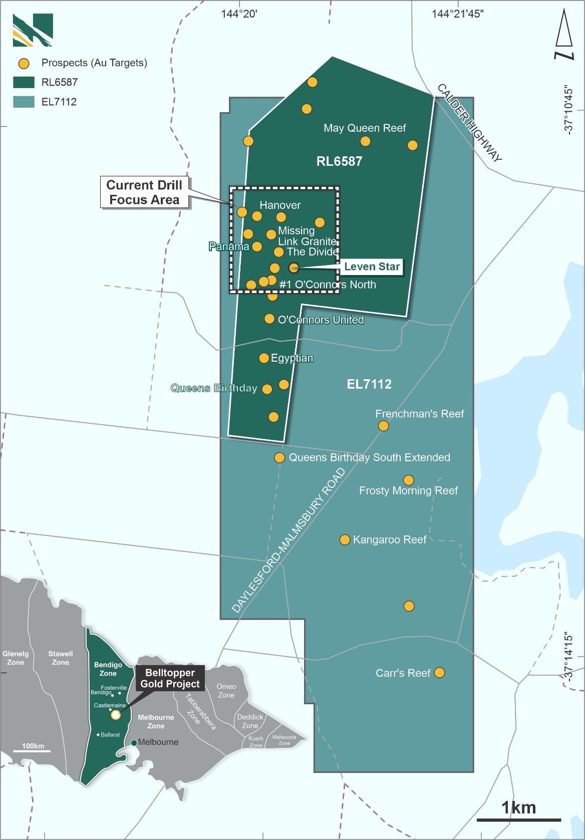 The Belltopper Gold Project location map with focus area for upcoming drilling program.
