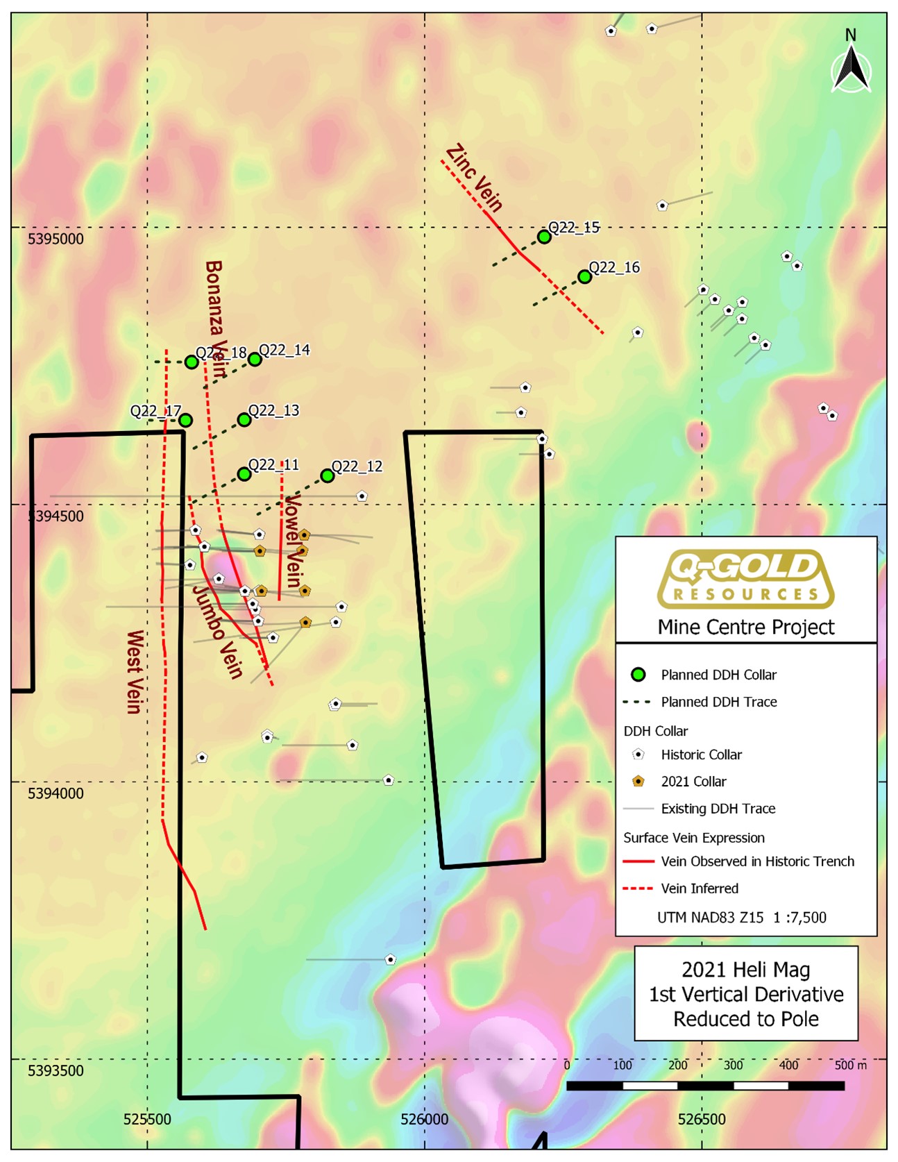 Map with completed 8 hole drilling program targeting the extensions of the known gold-bearing quartz veins around Foley Mine.