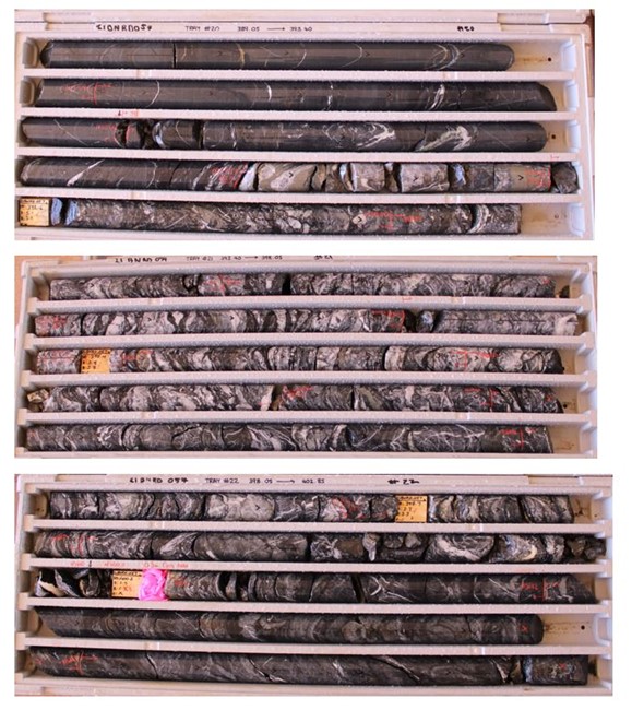 today techs Picture of 21BNRD057 core showing intercepted mineralized package of highly deformed and altered sediments, mafic with minor fine-grained felsic rocks consistent with NOA Shear Zone.
