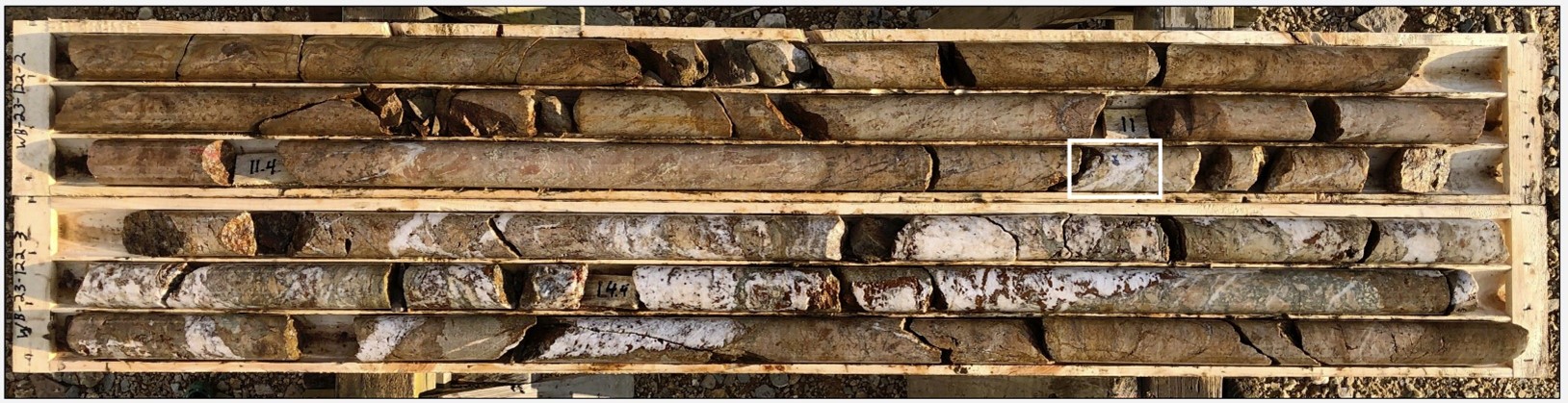 12.2 m of quartz veins / brecciated stockwork with galena @ 16.0m downhole depth (WB23-122) 