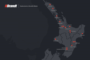 Une carte de l'île du nord de la Nouvelle-Zélande montrant tous les emplacements du groupe d'entreprises Brandt.