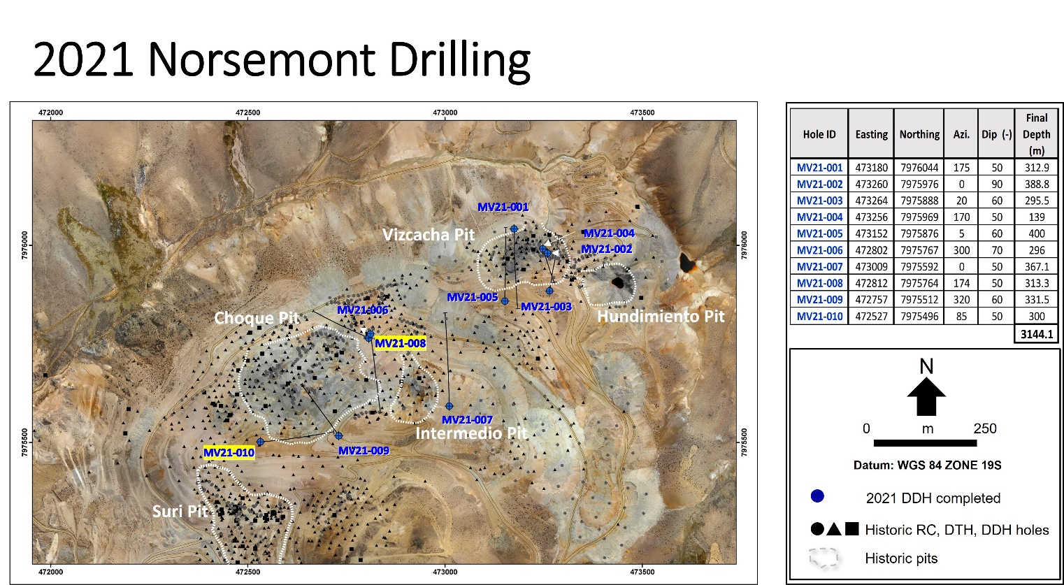 Choquelimpie historic open pits and drill holes, with Norsemont's 2021 drill hole locations.