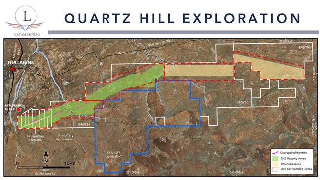 Quartz Hill tenement map highlighting 2023 exploration areas on high-resolution aerial photography. Note the outcropping pegmatite swarms (pink polygons) in the western tenements and areas for planned geological reconnaissance in the east.