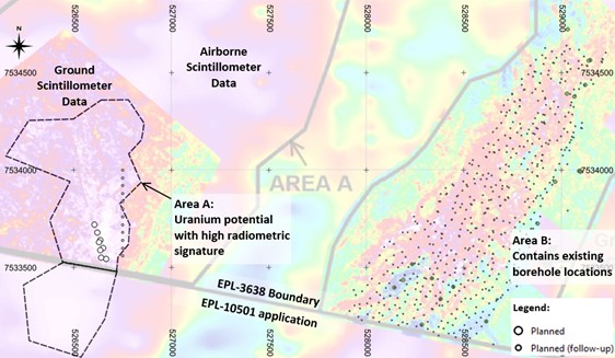 Namibplaas ground scintillometer survey superimposed onto aerial radiometric imagery. (Historic  drillholes are shown as small dots, 2023 drilling as larger blue dots and planned holes over Anomaly A as white dots)