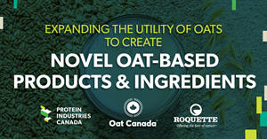 Text and logos placed over a photo of an oat-based beverage